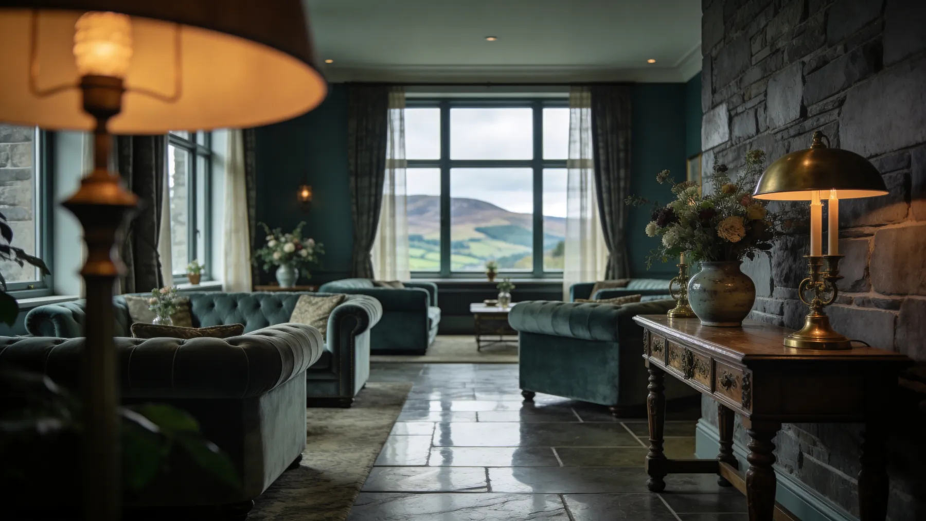 An elegant boutique hotel lobby in Scotland
