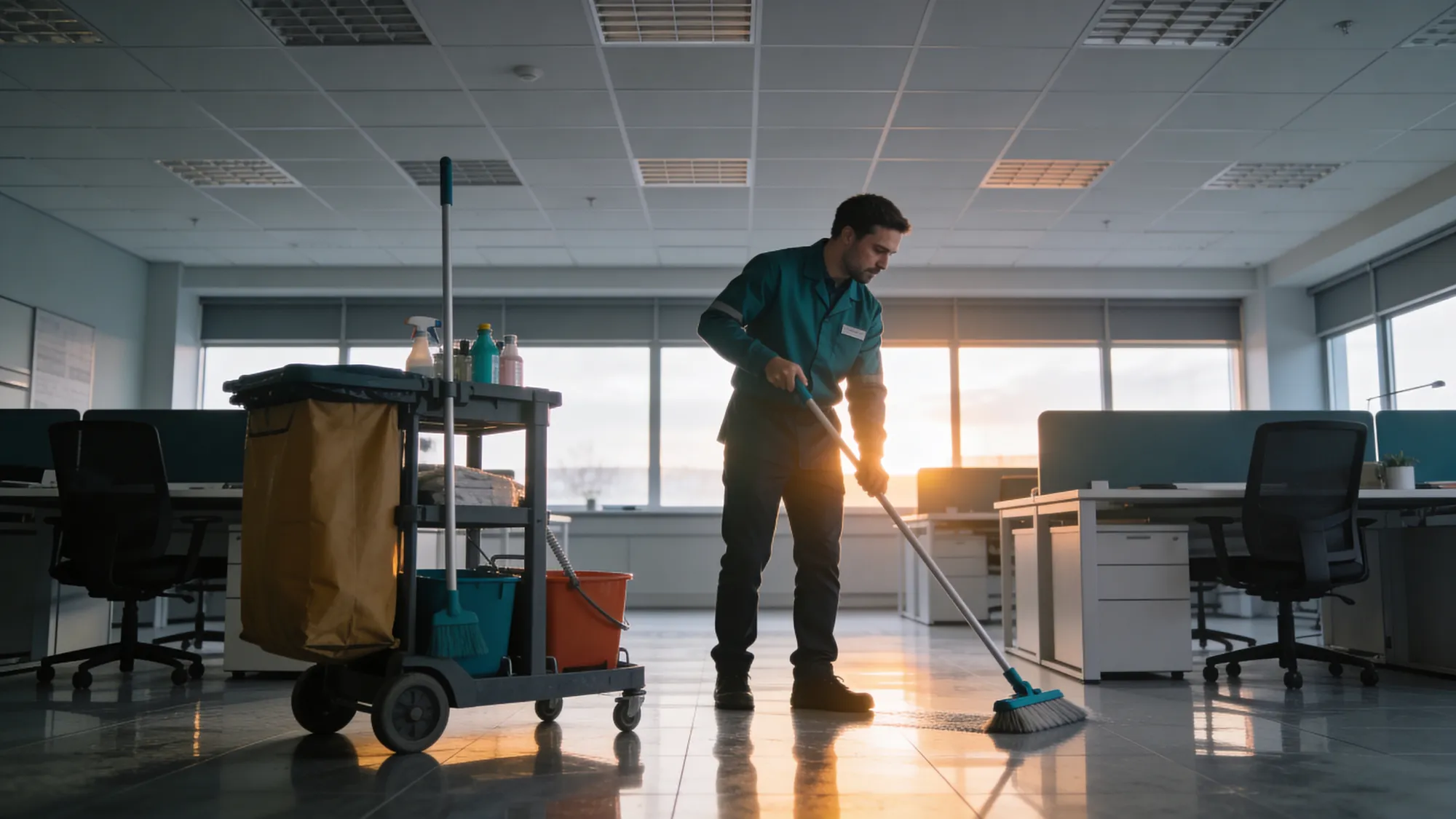 A spotless open-plan office at dawn with a professional cleaning team