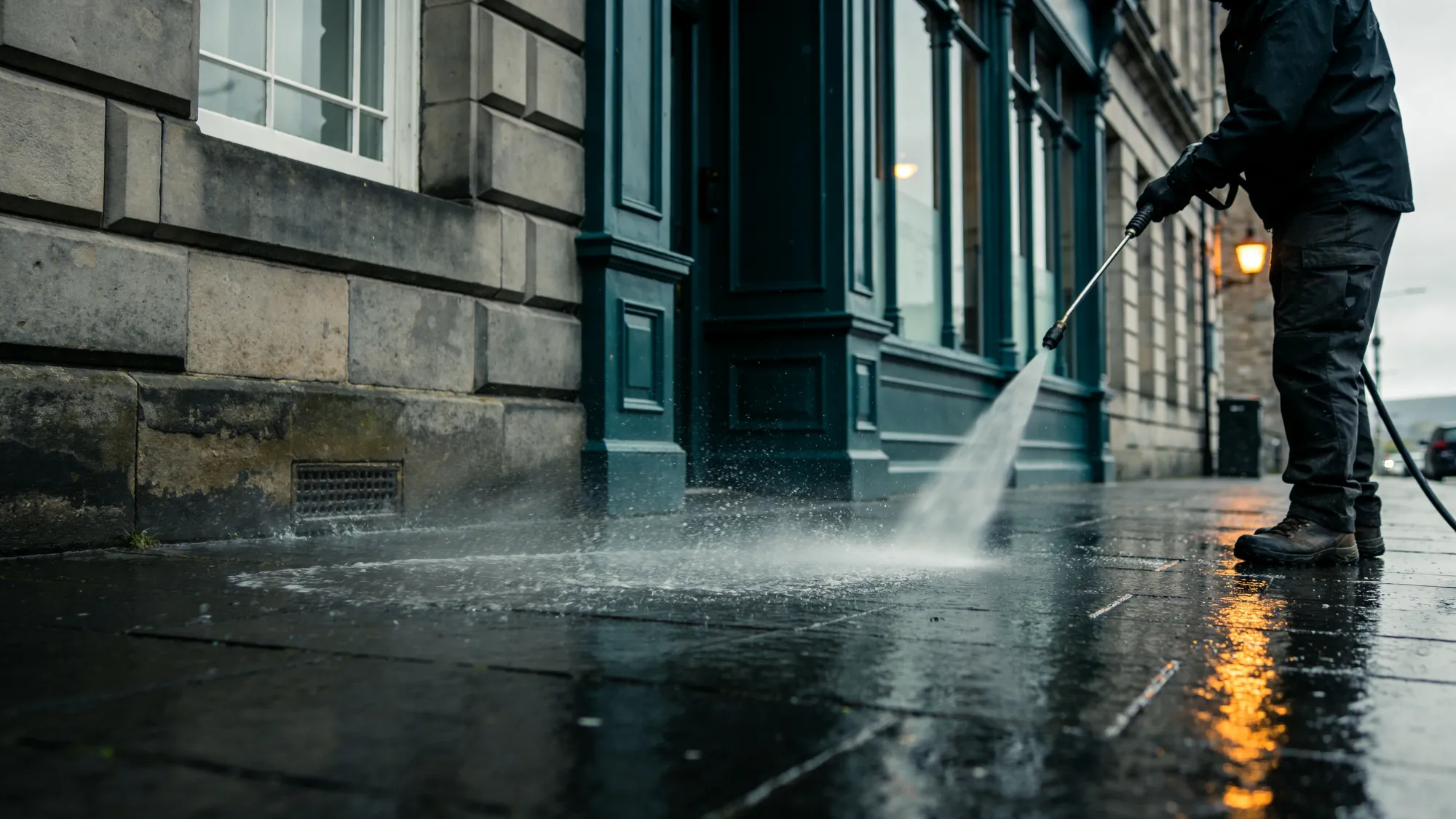 An operative pressure washing the stone facade of a Scottish building