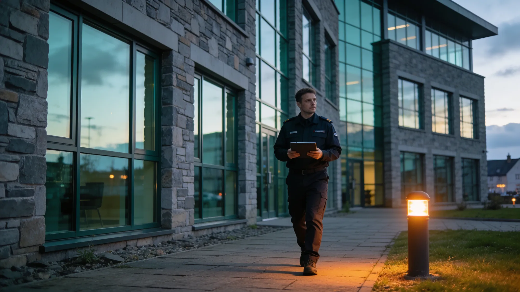 A Scottish business park at dusk with a facilities manager walking the grounds