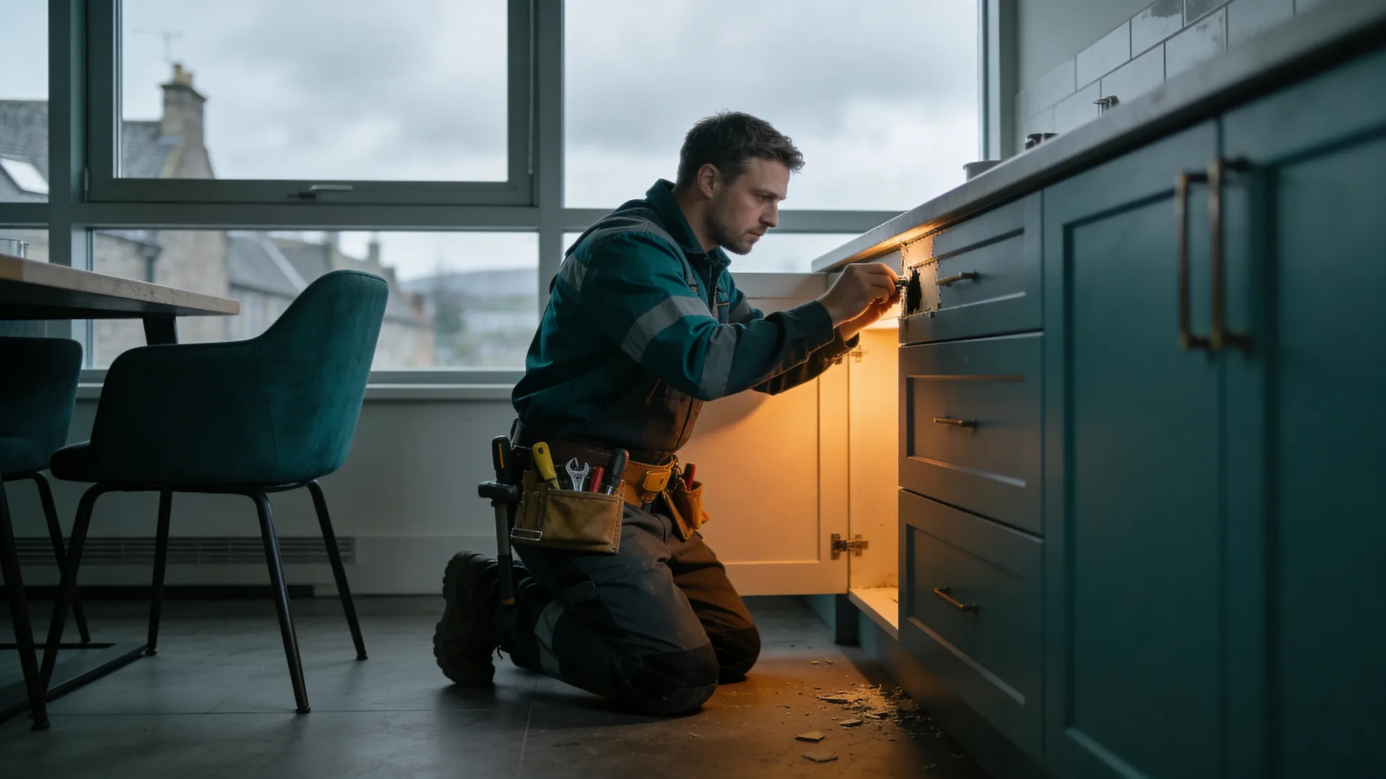 A tradesperson carrying out a joinery repair in a commercial interior